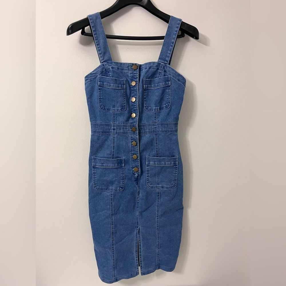 Haute Monde Blue Overalls Denim Button-Front Midi Dress Womens size small - Picture 3 of 7